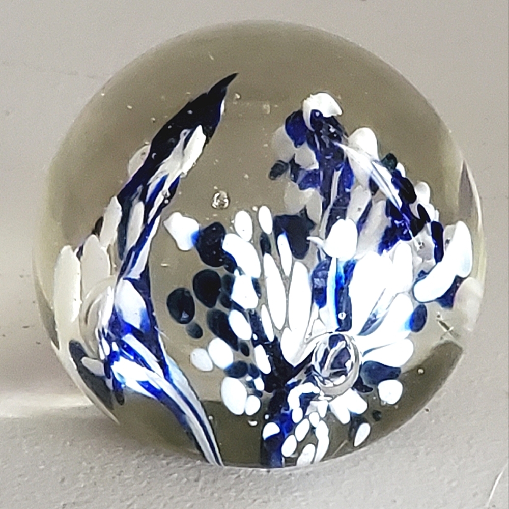 Vintage Glass Paperweight 3D Blue and White Art
